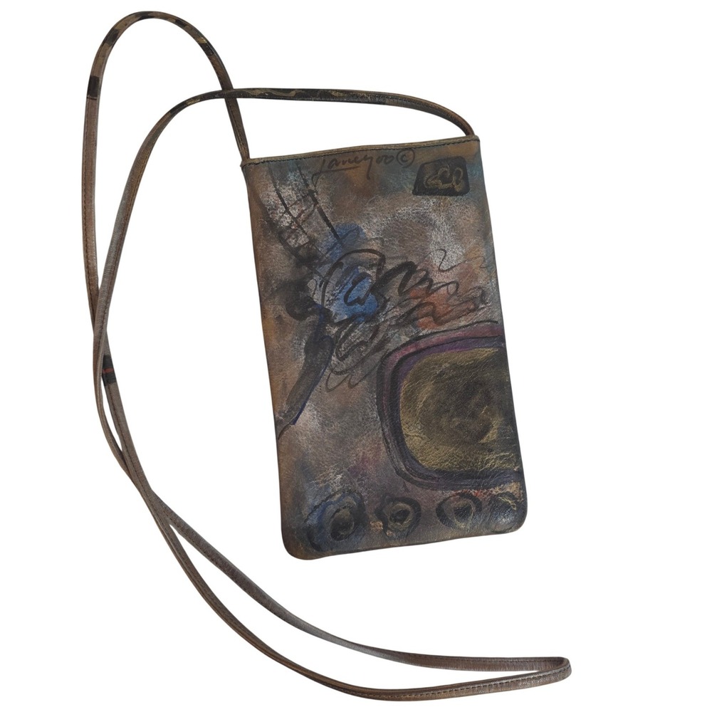 VTG Jane Yoo Hand Painted Leather Crossbody Phone Bag Abstract Wearable Art